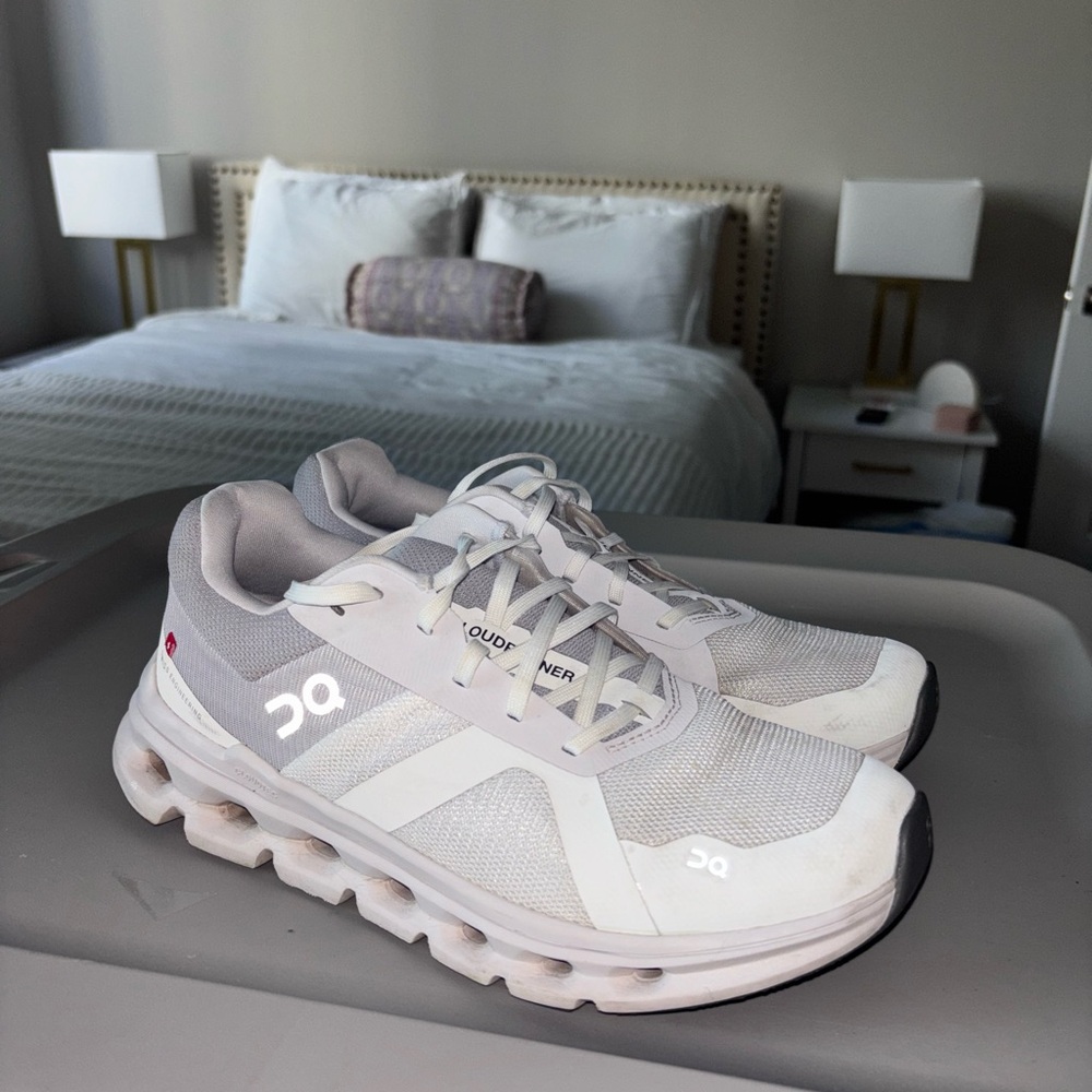 On Cloudrunner White and Gray Sneakers